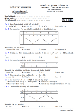 đề cuối học kỳ 1 toán 12 năm 2022 – 2023 trường thpt bình chánh – tp hcm