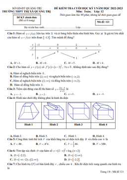 đề cuối học kỳ 1 toán 12 năm 2022 – 2023 trường thpt thị xã quảng trị