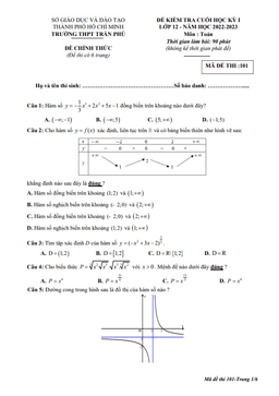 đề cuối học kỳ 1 toán 12 năm 2022 – 2023 trường thpt trần phú – tp hcm