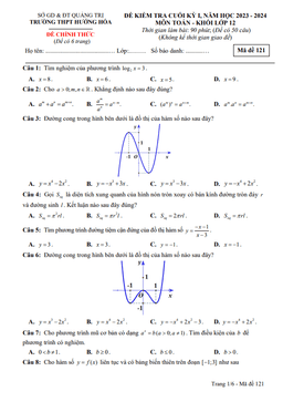 đề cuối học kỳ 1 toán 12 năm 2023 – 2024 trường thpt hướng hóa – quảng trị