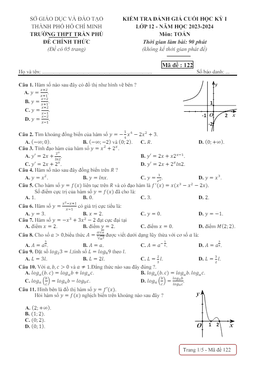đề cuối học kỳ 1 toán 12 năm 2023 – 2024 trường thpt trần phú – tp hcm