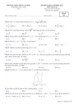 đề cuối học kỳ 1 toán 12 năm 2023 – 2024 trường thpt trưng vương – tp hcm