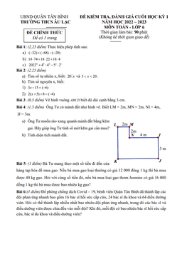 đề cuối học kỳ 1 toán 6 năm 2022 – 2023 trường thcs âu lạc – tp hcm