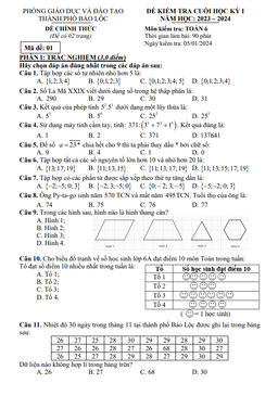 đề cuối học kỳ 1 toán 6 năm 2023 – 2024 phòng gd&đt bảo lộc – lâm đồng