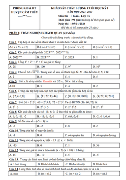đề cuối học kỳ 1 toán 6 năm 2023 – 2024 phòng gd&đt cẩm thủy – thanh hóa