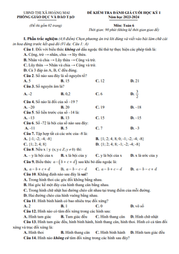 đề cuối học kỳ 1 toán 6 năm 2023 – 2024 phòng gd&đt hoàng mai – nghệ an