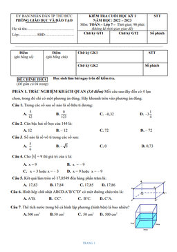 đề cuối học kỳ 1 toán 7 năm 2022 – 2023 phòng gd&đt thủ đức – tp hcm