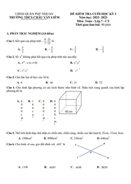 đề cuối học kỳ 1 toán 7 năm 2022 – 2023 trường thcs châu văn liêm – tp hcm