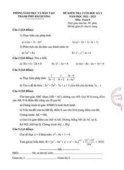 đề cuối học kỳ 1 toán 8 năm 2022 – 2023 phòng gd&đt thành phố hải dương