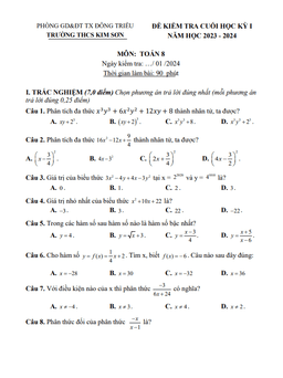 đề cuối học kỳ 1 toán 8 năm 2023 – 2024 trường thcs kim sơn – quảng ninh