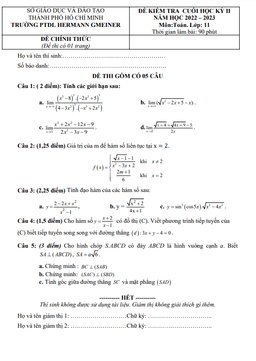 đề cuối học kỳ 2 toán 11 năm 2022 – 2023 trường ptdl hermann gmeiner – tp hcm