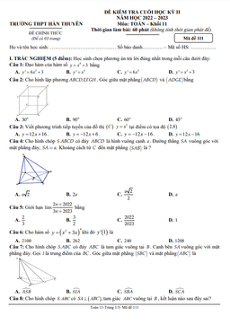 đề cuối học kỳ 2 toán 11 năm 2022 – 2023 trường thpt hàn thuyên – tp hcm