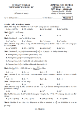 đề cuối học kỳ 2 toán 11 năm 2022 – 2023 trường thpt ngô gia tự – đắk lắk