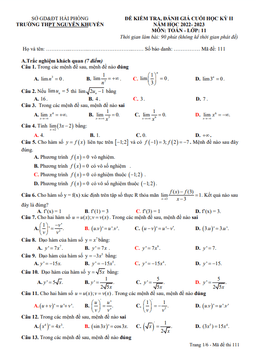 đề cuối học kỳ 2 toán 11 năm 2022 – 2023 trường thpt nguyễn khuyến – hải phòng