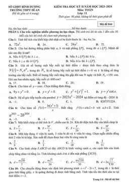 đề cuối học kỳ 2 toán 11 năm 2023 – 2024 trường thpt dĩ an – bình dương