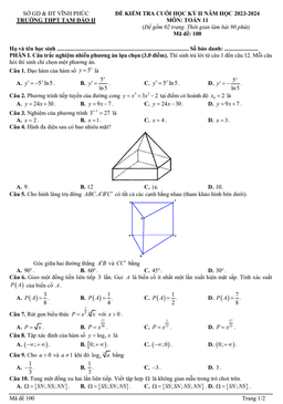 đề cuối học kỳ 2 toán 11 năm 2023 – 2024 trường thpt tam đảo 2 – vĩnh phúc