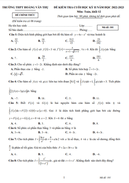 đề cuối học kỳ 2 toán 12 năm 2022 – 2023 trường thpt hoàng văn thụ – khánh hòa