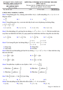 đề cuối học kỳ 2 toán 12 năm 2022 – 2023 trường thpt vinh xuân – tt huế