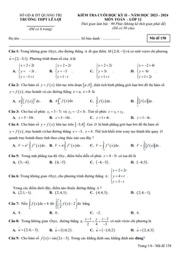 đề cuối học kỳ 2 toán 12 năm 2023 – 2024 trường thpt lê lợi – quảng trị