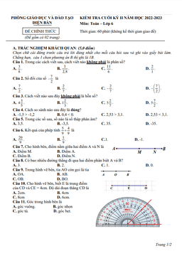 đề cuối học kỳ 2 toán 6 năm 2022 – 2023 phòng gd&đt điện bàn – quảng nam