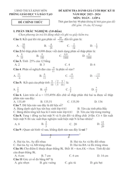 đề cuối học kỳ 2 toán 6 năm 2023 – 2024 phòng gd&đt kinh môn – hải dương