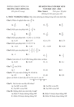 đề cuối học kỳ 2 toán 6 năm 2023 – 2024 trường thcs đống đa – hà nội