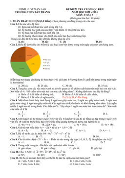 đề cuối học kỳ 2 toán 7 năm 2022 – 2023 trường thcs bát trang – hải phòng