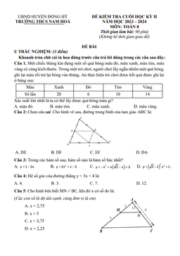 đề cuối học kỳ 2 toán 8 năm 2023 – 2024 trường thcs nam hòa – thái nguyên
