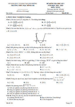 đề cuối kì 1 toán 10 năm 2023 – 2024 trường thpt mạc đĩnh chi – hải phòng