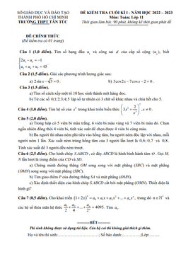 đề cuối kì 1 toán 11 năm 2022 – 2023 trường thpt tân túc – tp hcm