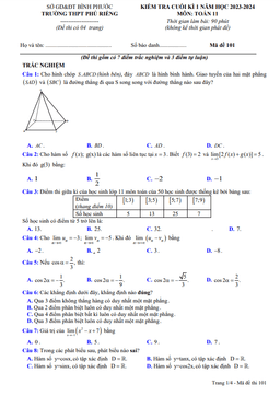 đề cuối kì 1 toán 11 năm 2023 – 2024 trường thpt phú riềng – bình phước