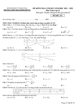 đề cuối kì 1 toán 12 năm 2021 – 2022 trường thpt phan đình phùng – quảng bình
