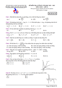 đề cuối kì 1 toán 12 năm 2022 – 2023 trường chuyên lê quý đôn – quảng trị