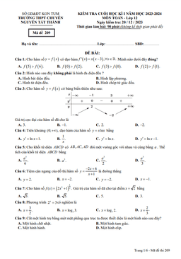 đề cuối kì 1 toán 12 năm 2023 – 2024 trường chuyên nguyễn tất thành – kon tum