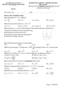 đề cuối kì 1 toán 12 năm 2023 – 2024 trường thpt hoàng hoa thám – quảng ninh