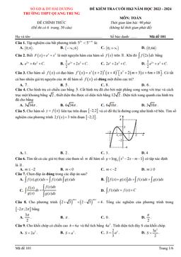 đề cuối kì 1 toán 12 năm 2023 – 2024 trường thpt quang trung – hải dương