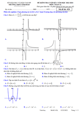 đề cuối kì 1 toán 12 năm 2023 – 2024 trường thpt vĩnh bảo – hải phòng
