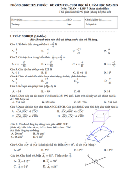 đề cuối kì 1 toán 7 cánh diều năm 2023 – 2024 phòng gd&đt tuy phước – bình định