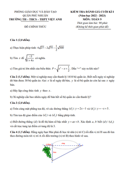 đề cuối kì 1 toán 9 năm 2022 – 2023 trường việt anh – tp hcm