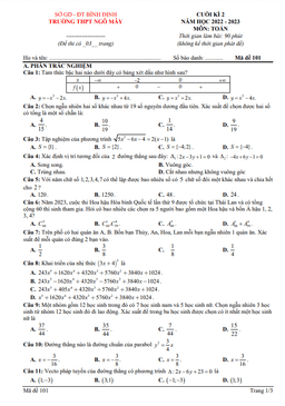 đề cuối kì 2 toán 10 năm 2022 – 2023 trường thpt ngô mây – bình định