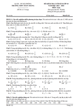 đề cuối kì 2 toán 10 năm 2023 – 2024 trường thpt toàn thắng – hải phòng