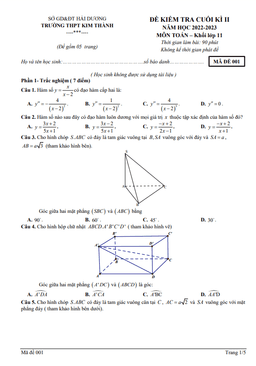 đề cuối kì 2 toán 11 năm 2022 – 2023 trường thpt kim thành – hải dương