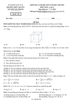 đề cuối kì 2 toán 11 năm 2023 – 2024 trường chuyên nguyễn tất thành – kon tum