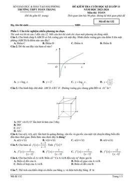 đề cuối kì 2 toán 11 năm 2023 – 2024 trường thpt toàn thắng – hải phòng