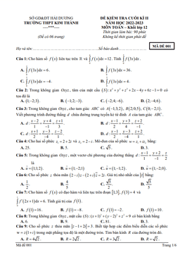 đề cuối kì 2 toán 12 năm 2022 – 2023 trường thpt kim thành – hải dương