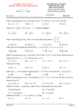 đề cuối kì 2 toán 12 năm 2022 – 2023 trường thpt lương ngọc quyến – thái nguyên