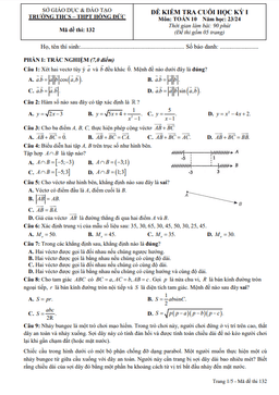 đề cuối kỳ 1 toán 10 năm 2023 – 2024 trường thcs – thpt hồng đức – tp hcm
