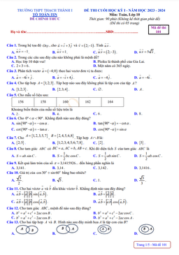 đề cuối kỳ 1 toán 10 năm 2023 – 2024 trường thpt thạch thành 1 – thanh hóa
