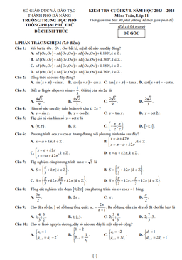 đề cuối kỳ 1 toán 11 năm 2023 – 2024 trường thpt phạm phú thứ – đà nẵng