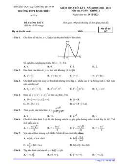 đề cuối kỳ 1 toán 12 năm 2023 – 2024 trường thpt bình chiểu – tp hcm